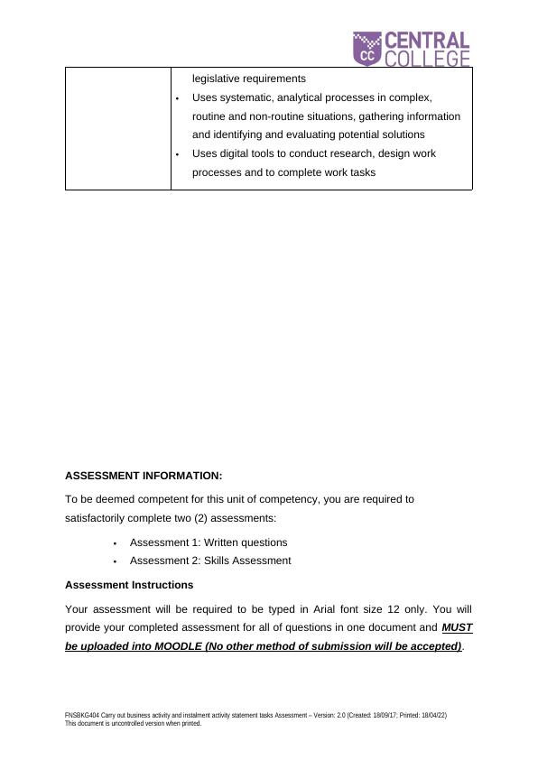 FNSBKG404 Carry out Business Activity and Installment Activity Assignment_6