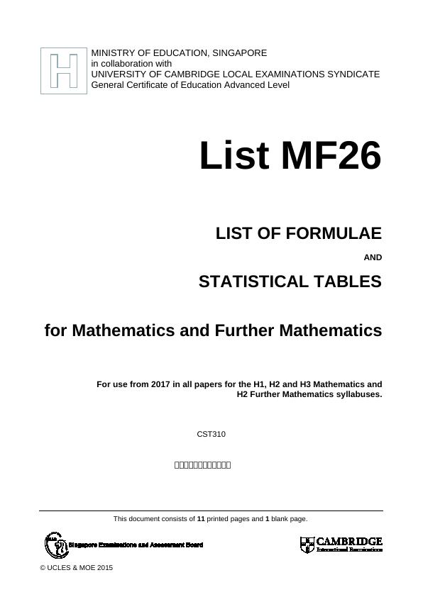 Cambridge Pre-U Revised Syllabus: List of Formulas and Statistical Tables_1