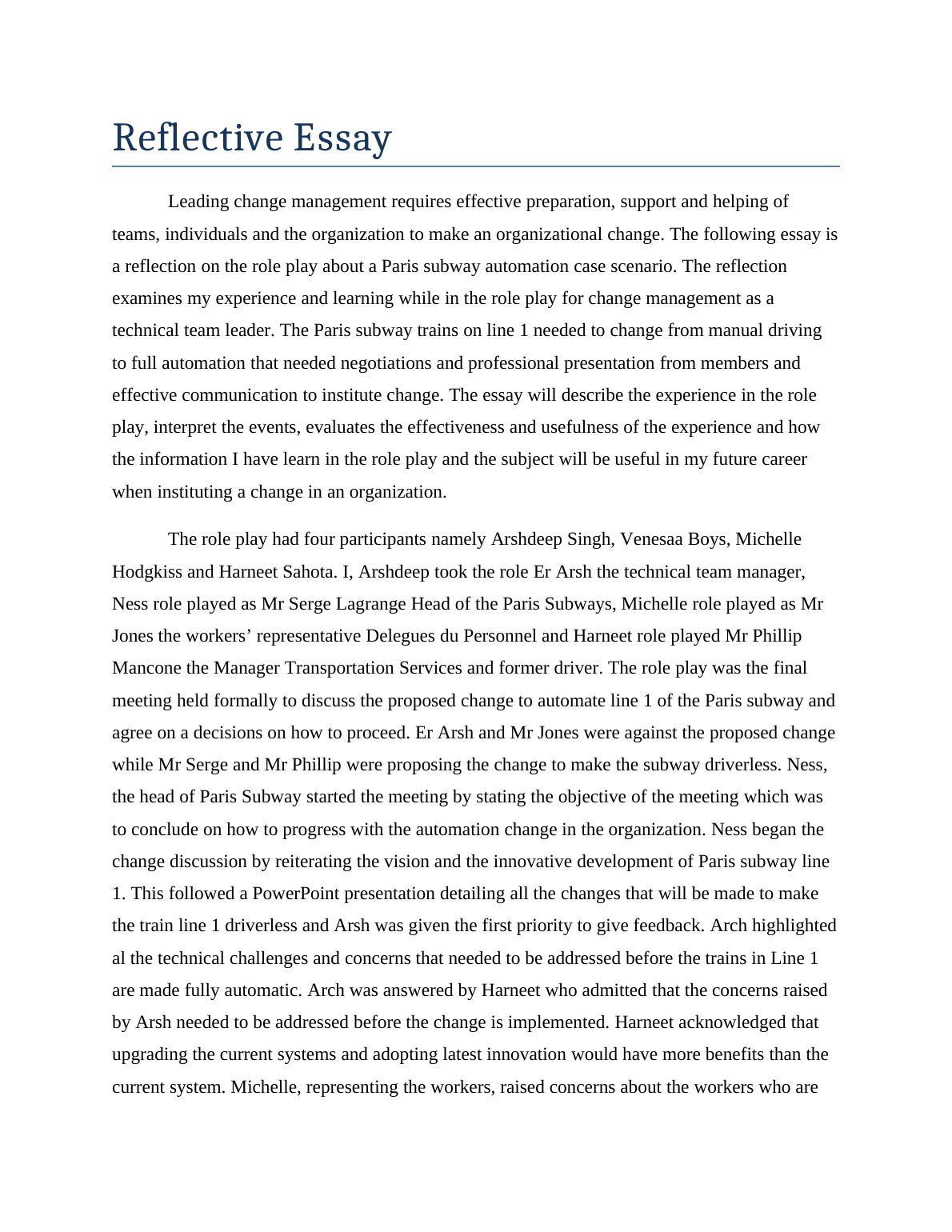 reflective essay on leading change