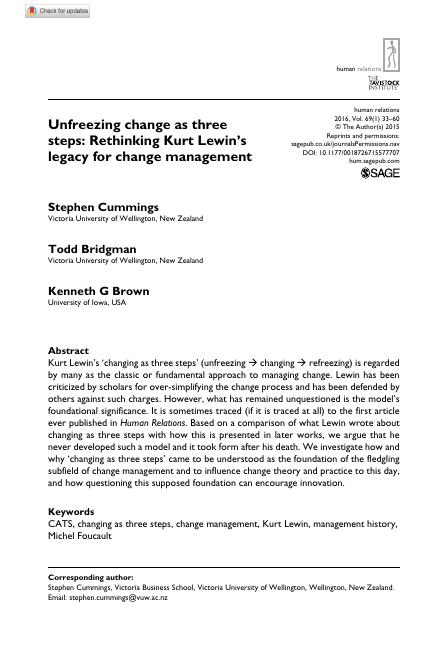Unfreezing Change as Three Steps: Rethinking Kurt Lewin's Legacy for Change Management - A Critical Analysis_1