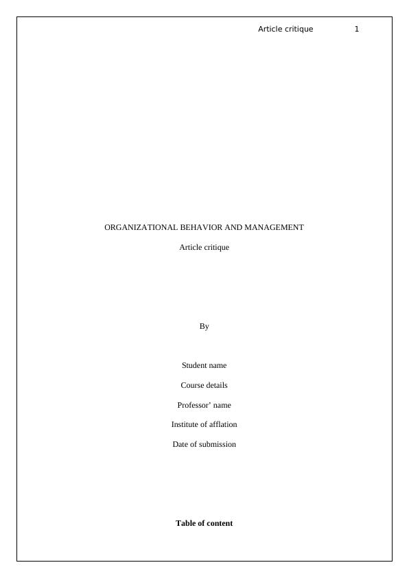 Organizational Behavior and Management: Assignment_1