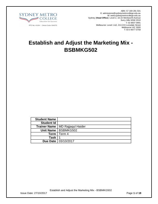 BSBMKG502 Evaluate and Determine the Marketing Mix_1