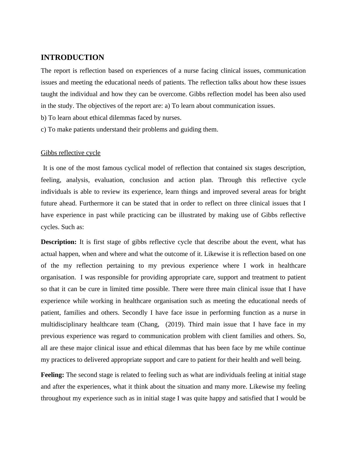 Gibbs Reflective Cycle: Reflection on Clinical