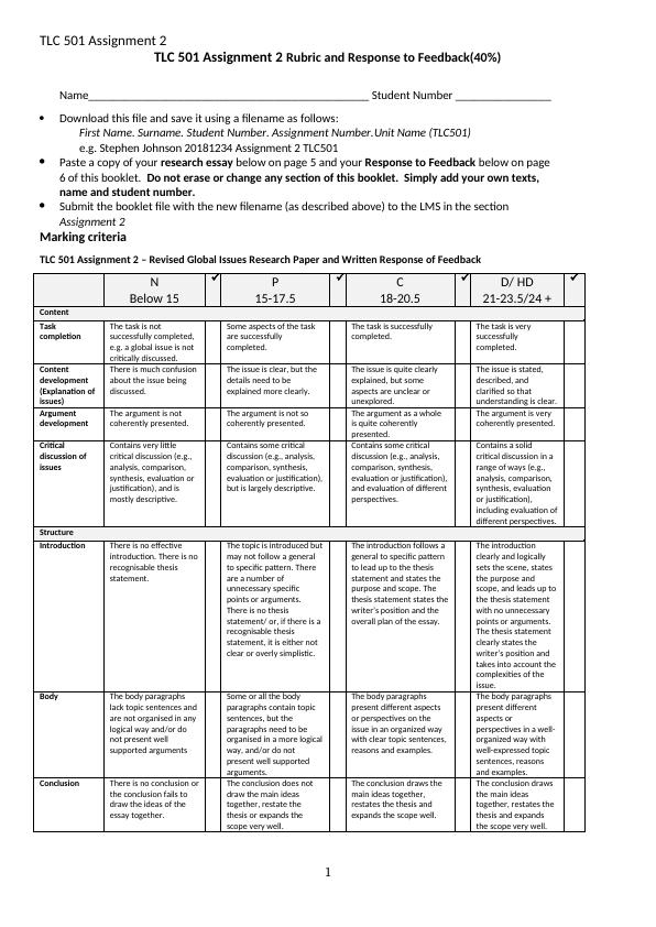 TLC 501 Assignment 2 Rubric and Response to Feedback_1