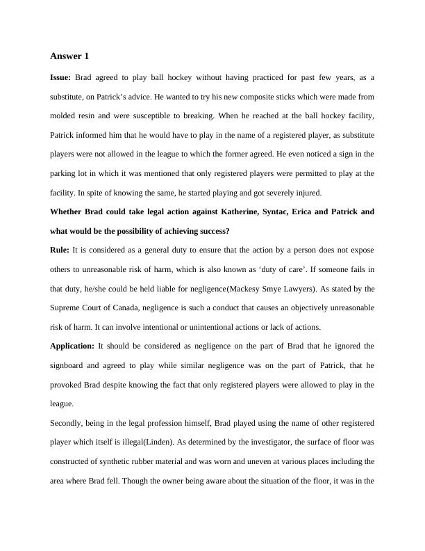 Legal Analysis of Negligence in Sports Injury Case Can Brad Sue for