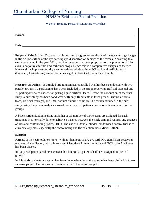 NR439: Evidence-Based Practice Chamberlain College Of Nursing Worksheet ...