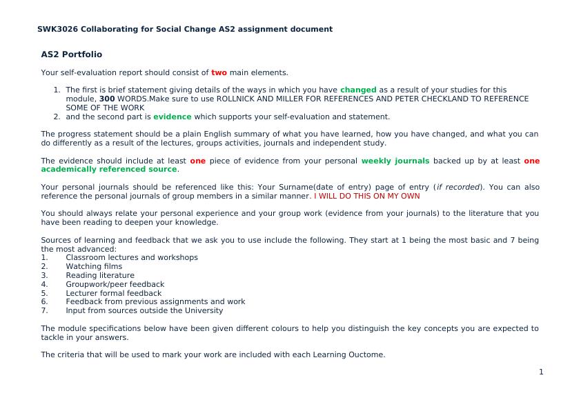 300 Words - A Portfolio for AS2 Assignment Document SWK3026 Collaborating for Social Change_1