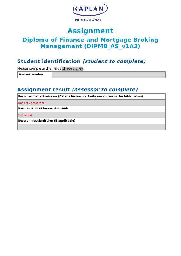 Assignment | Diploma of Finance and Mortgage Broking Management_1