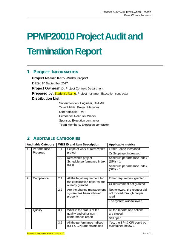 PPMP20010 Project Audit and Termination Report Project Information Project Name: Kerb Works_1
