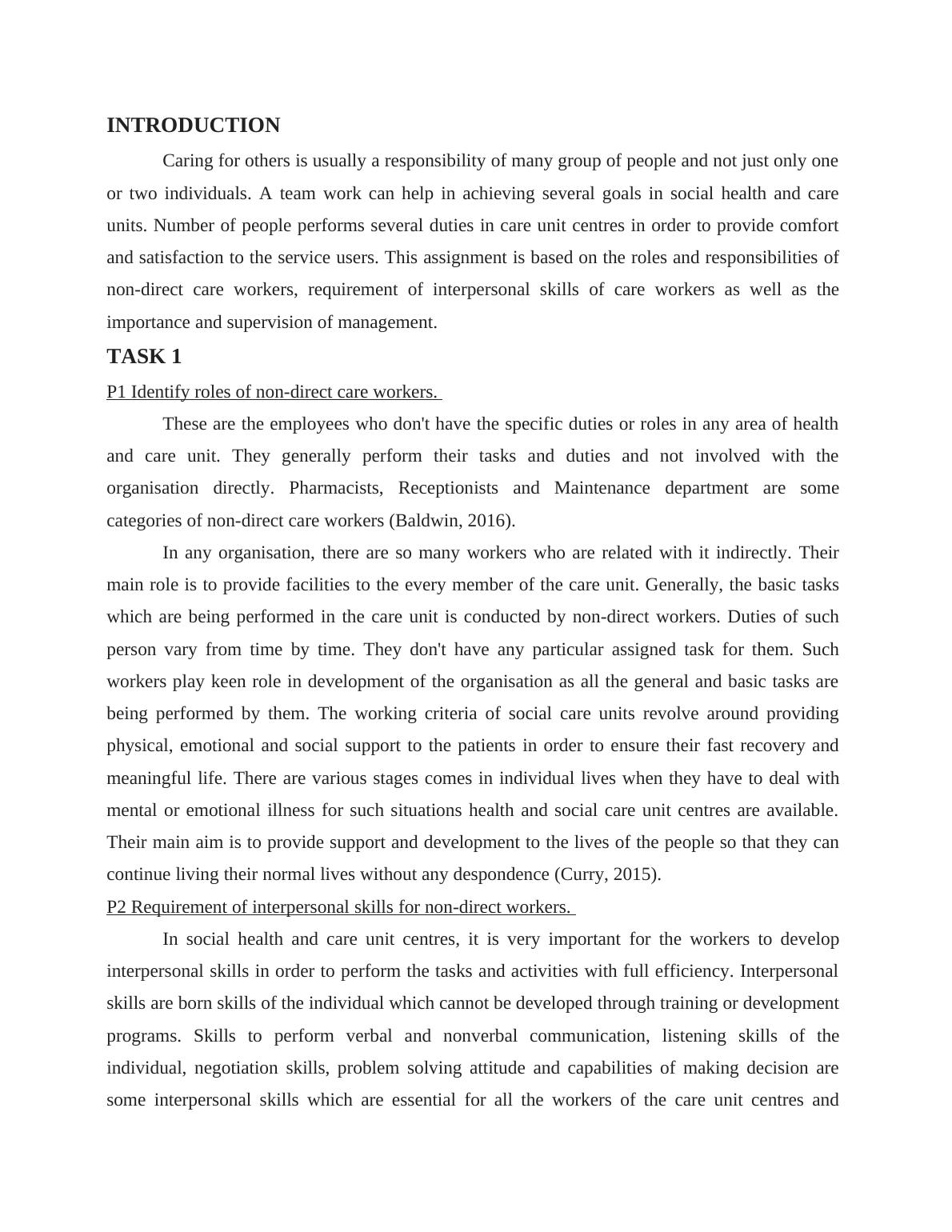 Assignment on Roles and Responsibilities of Nondirect Care Workers