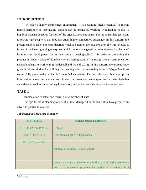 WORKING WITH LEADING PEOPLE TABLE OF CONTENTS INTRODUCTION 3 TASK 1 3 1.1 Documentation to select and recruit new members of staff_3
