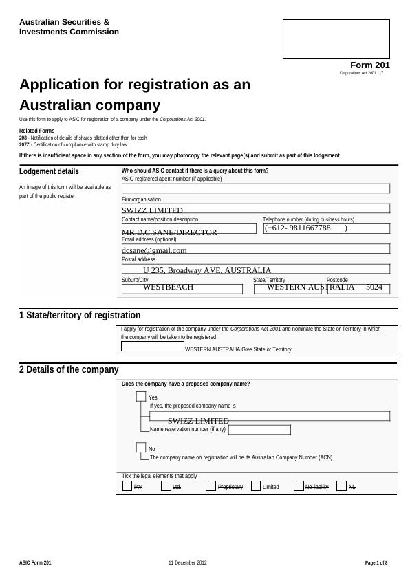 Application for registration as an Australian company under the Corporations Act 2001 117_1