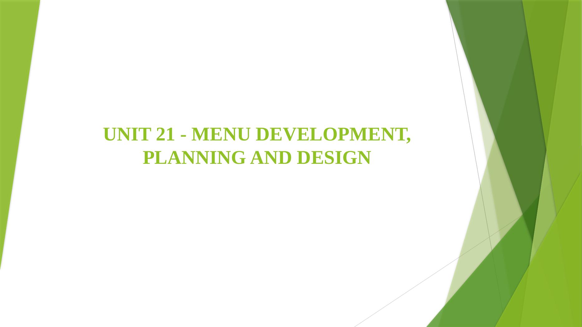 Unit 21 Menu Development, Planning and design