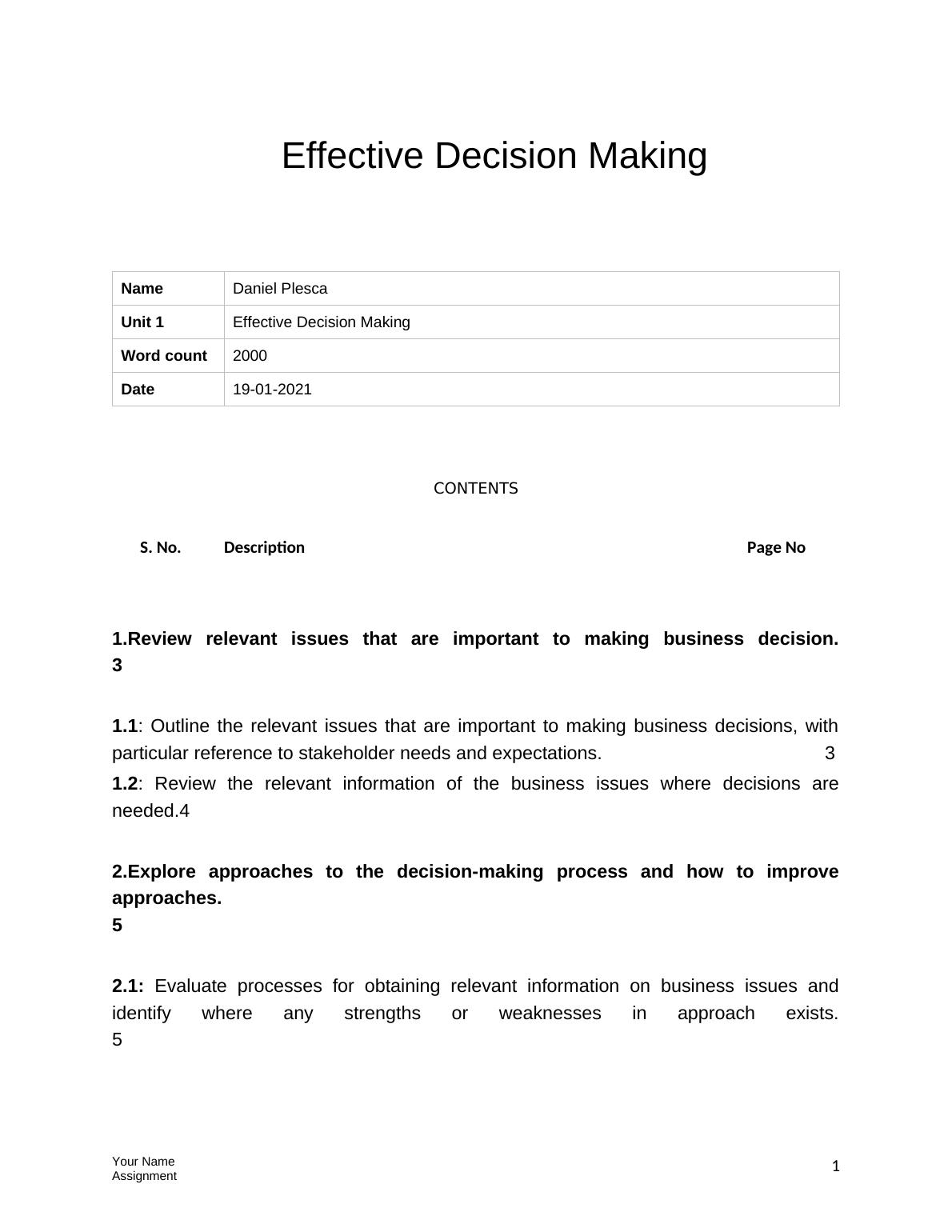 business decision making assignment sample