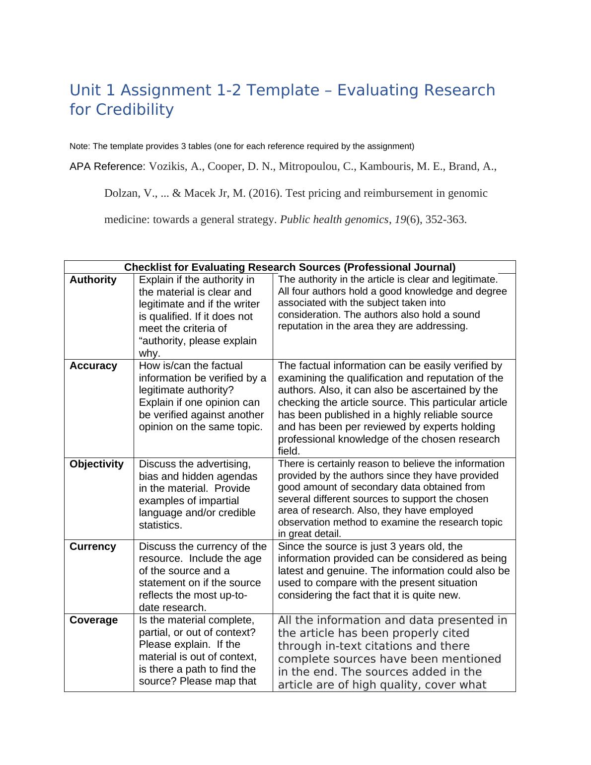 Unit 1 Assignment 1-2 Template – Evaluating Research for Credibility_1