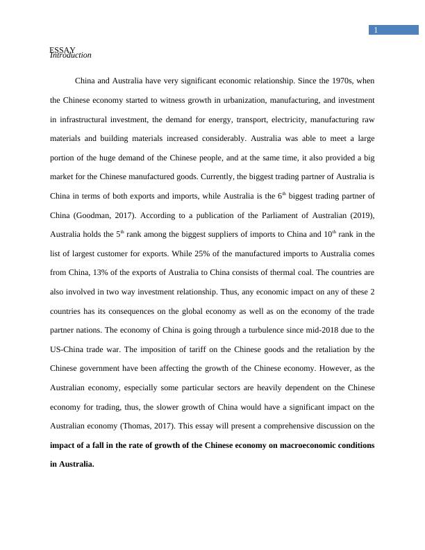 Essay on ‘impact of a fall in the rate of growth of the Chinese economy on macroeconomic conditions in Australia’ 2022_2