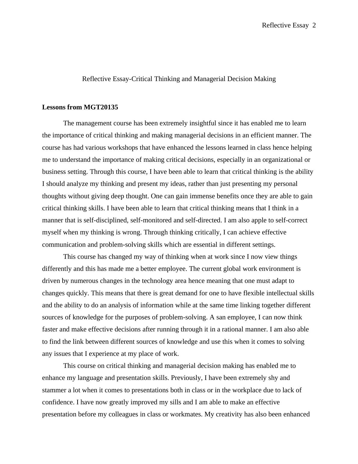 decision making reflective essay