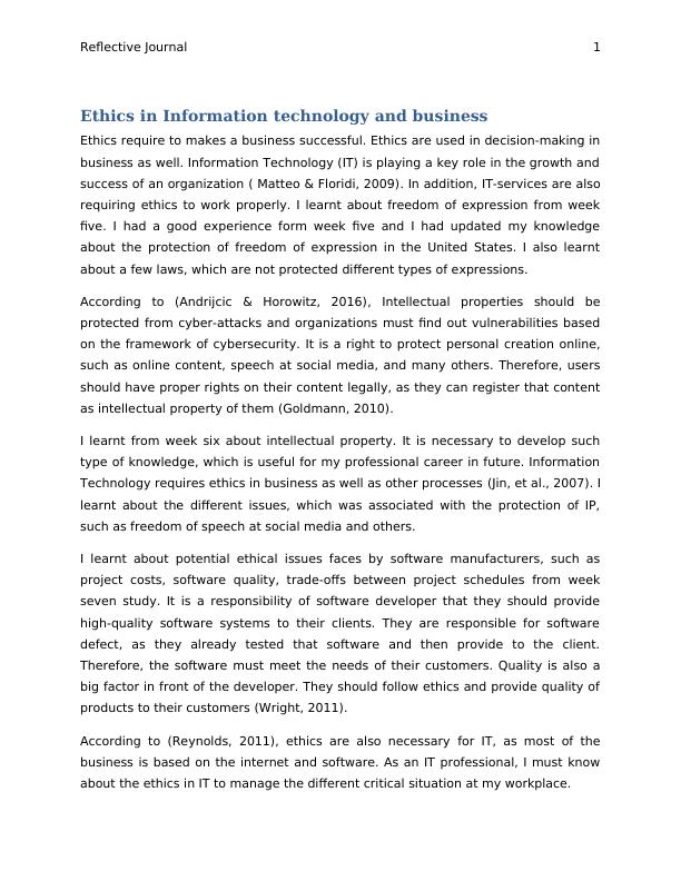 Ethics in Information Technology and Business - Reflective Journal_2