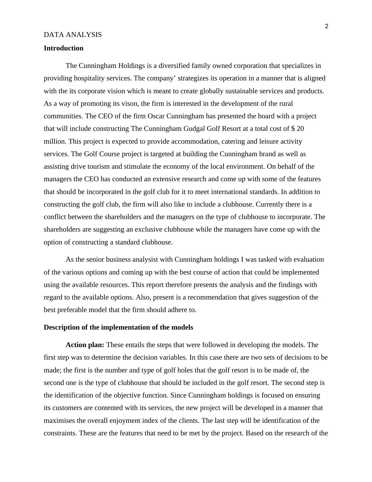 Data Analysis for Cunningham Holdings Golf Resort Project