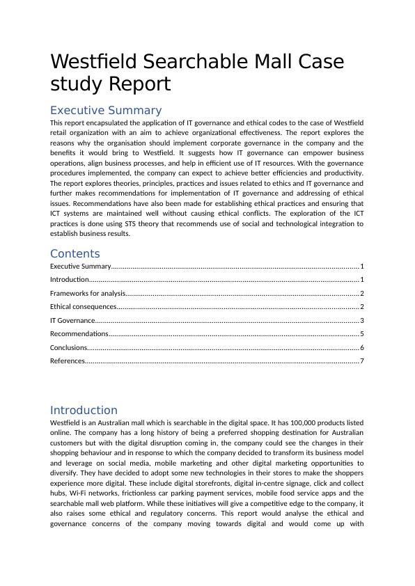 Application of IT Governance and Ethical Codes in Westfield: A Case Study Report_1