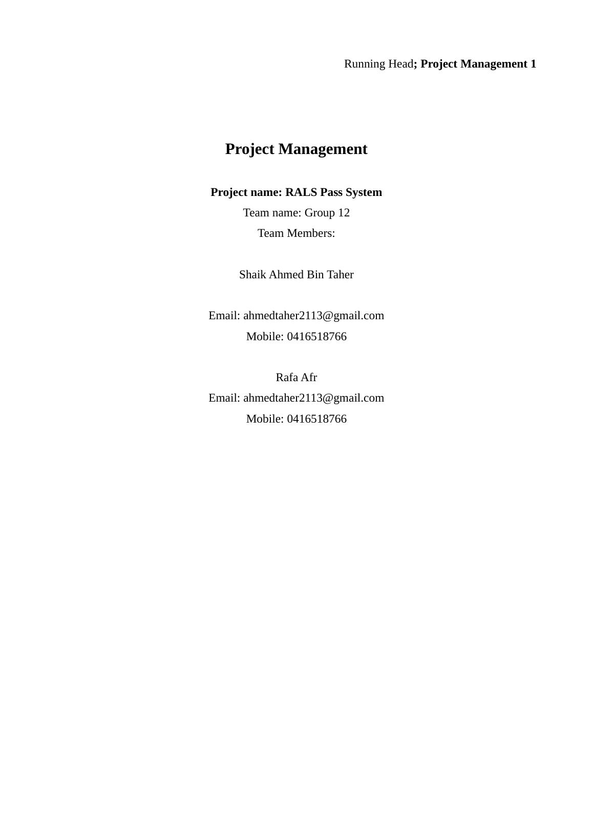 Assignment of Project Management - RALS Pass System_1