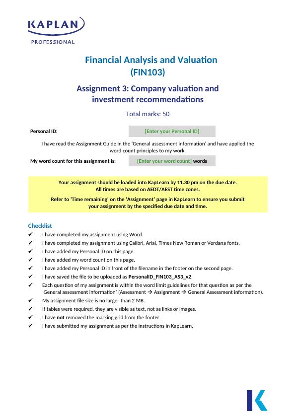 (FIN103) Financial Analysis And Valuation | Assignment_1