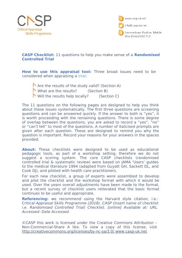 The CASP Checklist for a Randomised Controlled