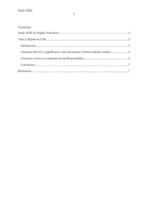 Study Skills for Higher Education: Report on CSR_2