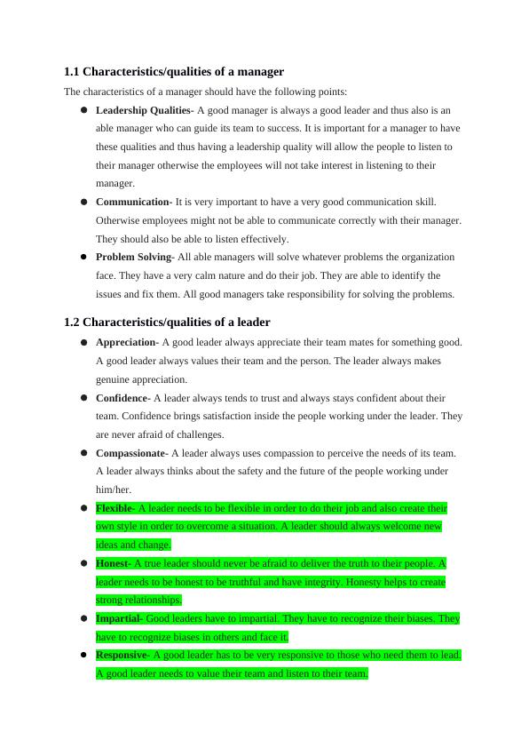 Function Of Manager And Leader Assignment