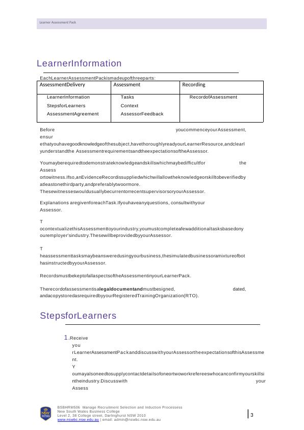 Learner Assessment Pack for BSBHRM506 Manage Recruitment Selection and Induction Processes_3