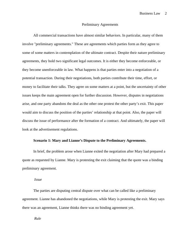 Preliminary Agreements on Business Law | Assignment_2