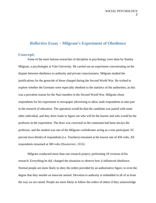 Milgram's Experiment of Obedience - Reflective Essay_2