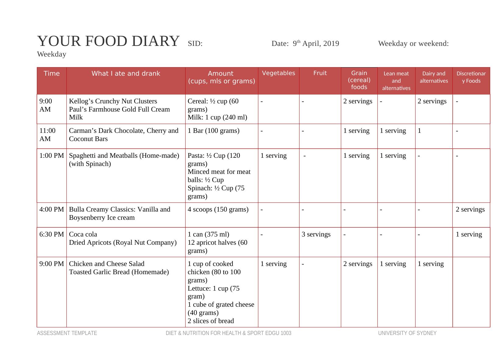 Dietary Intake Assessment Template How to use this template: