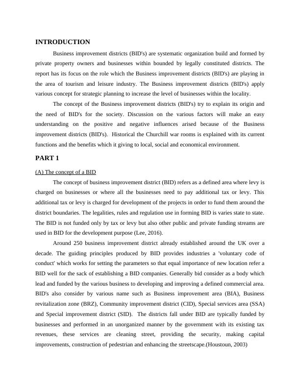 Report On The Role Of Business Improvement Districts |Tourism Industry