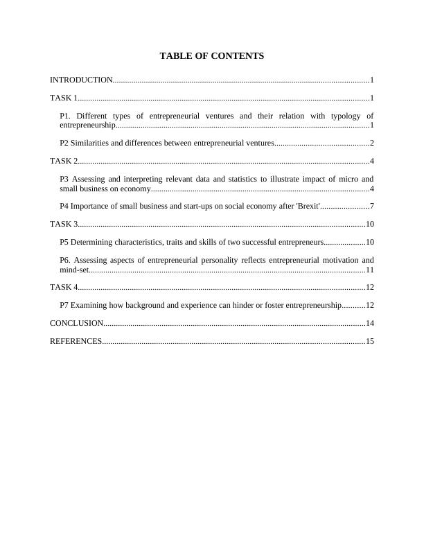 Small business and entrepreneurial ventures MANAGEMENT TABLE OF CONTENTS_2