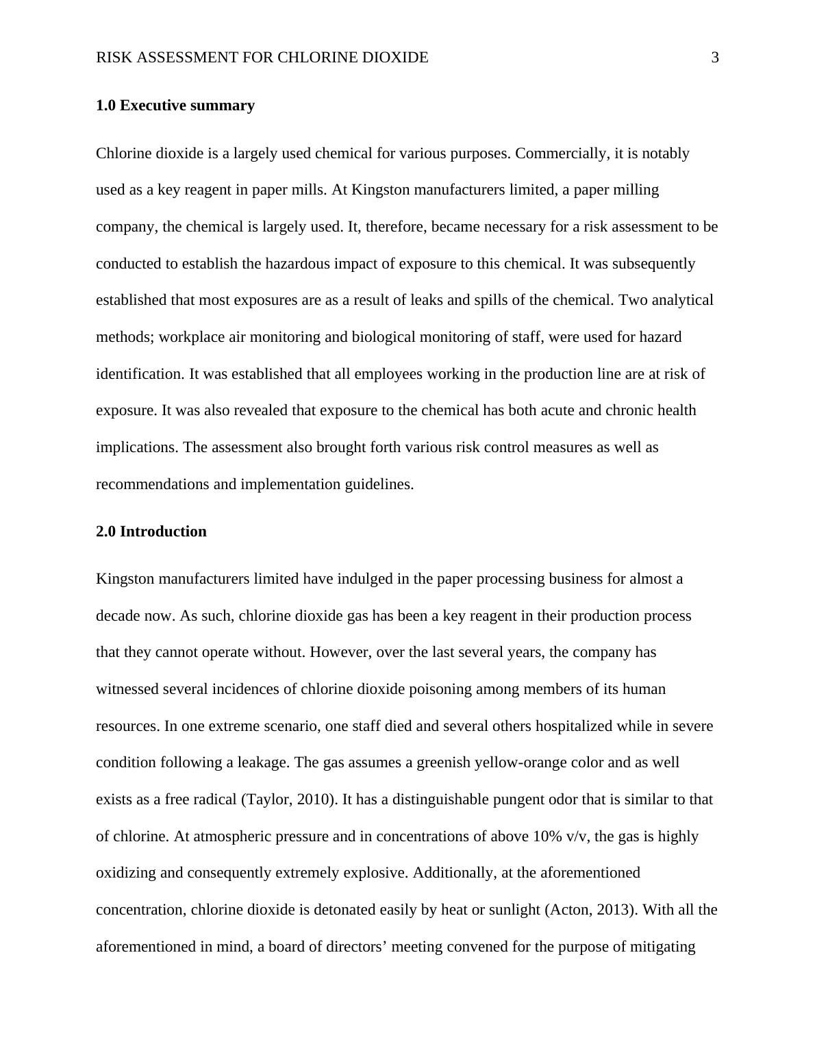 Risk Assessment for Chlorine Dioxide