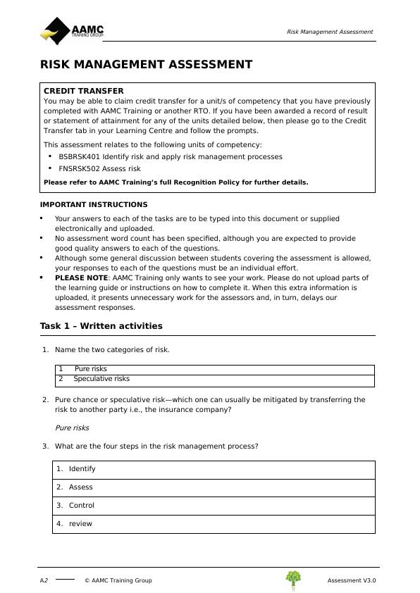 Risk Management Assessment Analysis