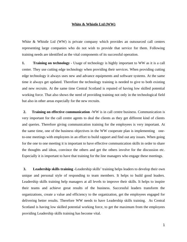 White & Whistle Ltd (WW) Assignment 2022