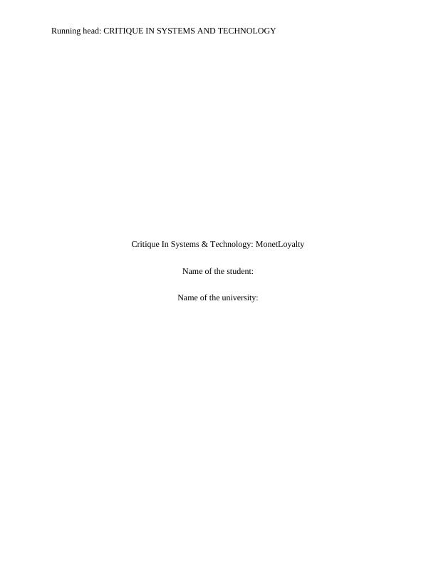 A Business Report on Mone-CRITIQUE IN SYSTEMS AND TECHNOLOGY_1
