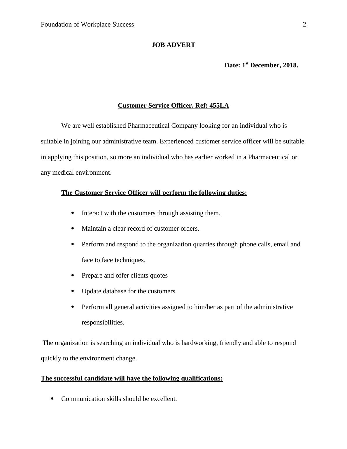 Customer Service Officer Job Cover Letter Sample