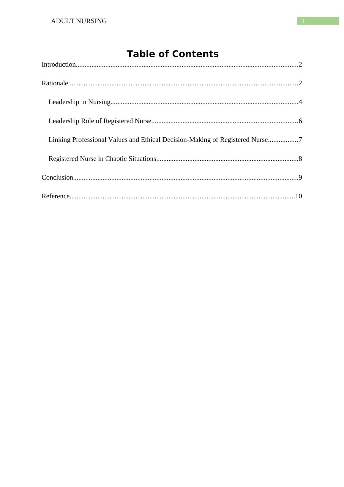 Adult Nursing Assesment Report