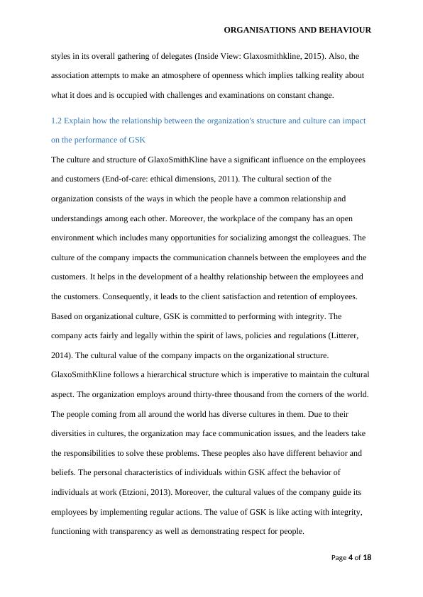 Organisations and Behaviour of GlaxoSmithKline : Report_4