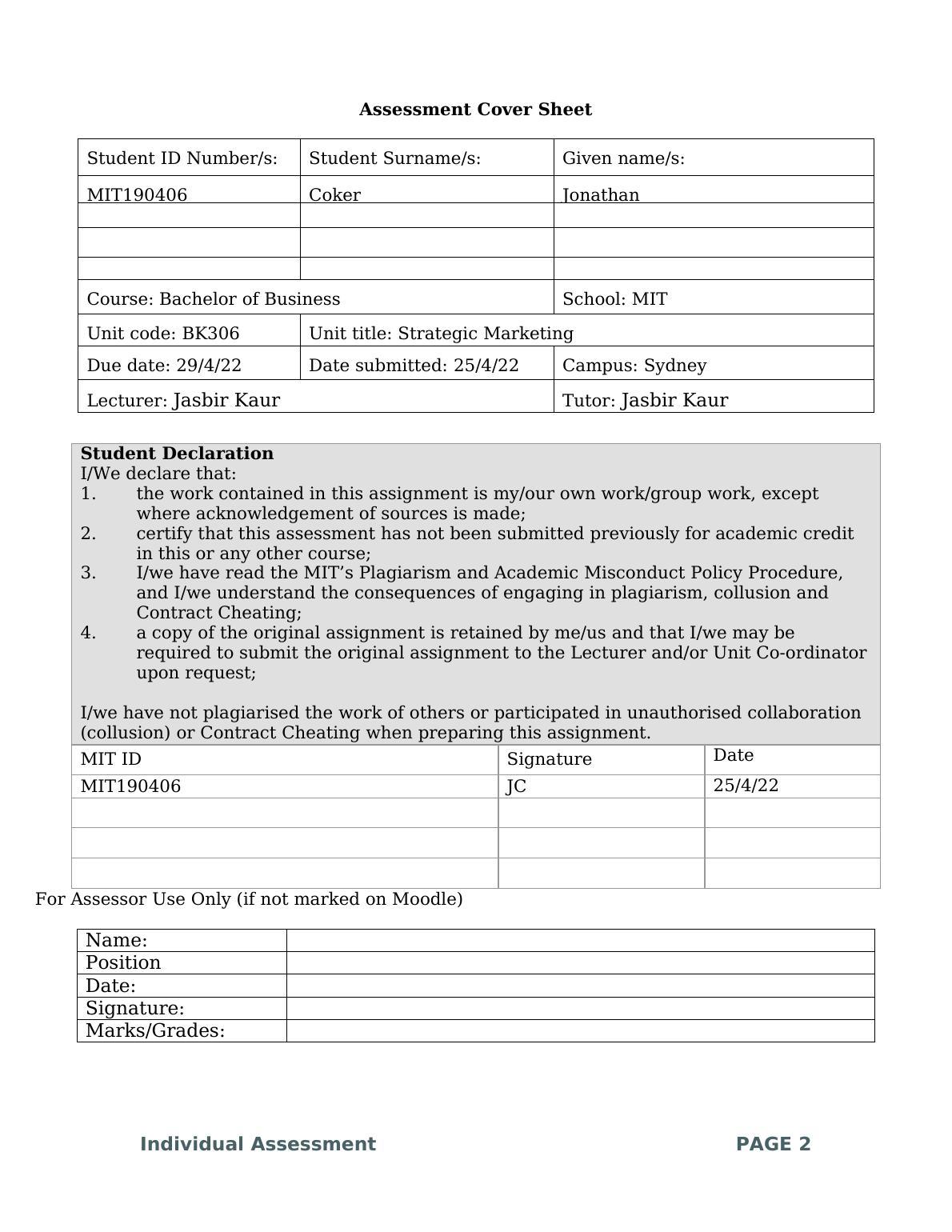 BK306 Strategic Marketing Individual Assessment 2022