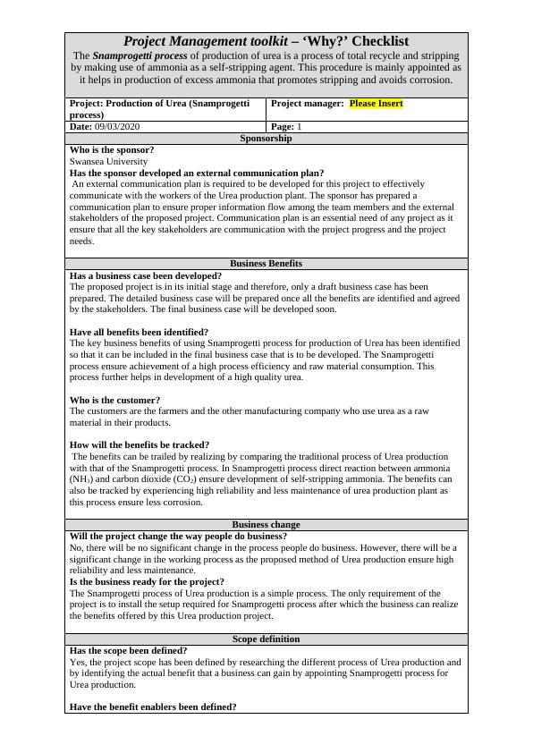 Project Management toolkit – ‘Why?’ Checklist.