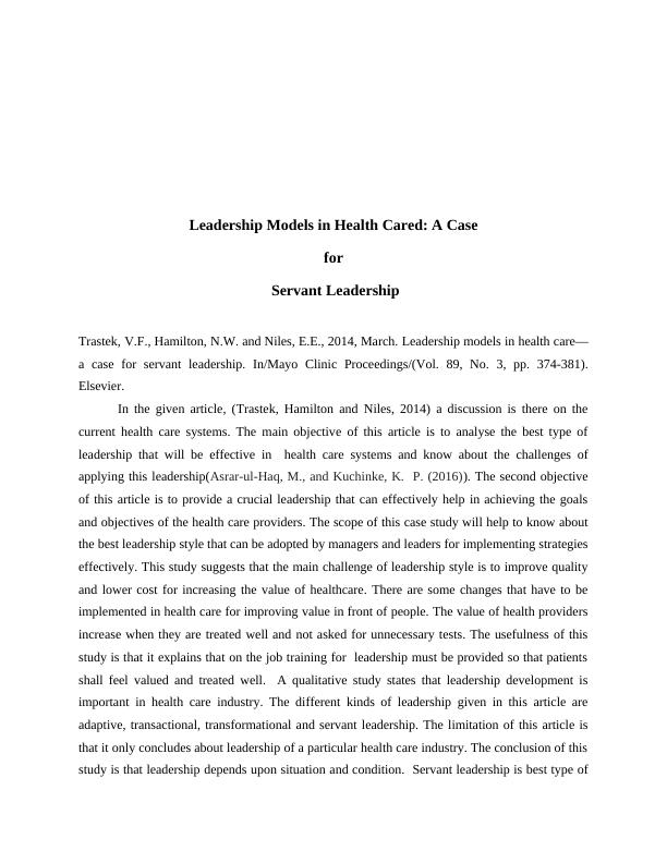 Leadership Models in Health Care: A Case for Servant Leadership_3