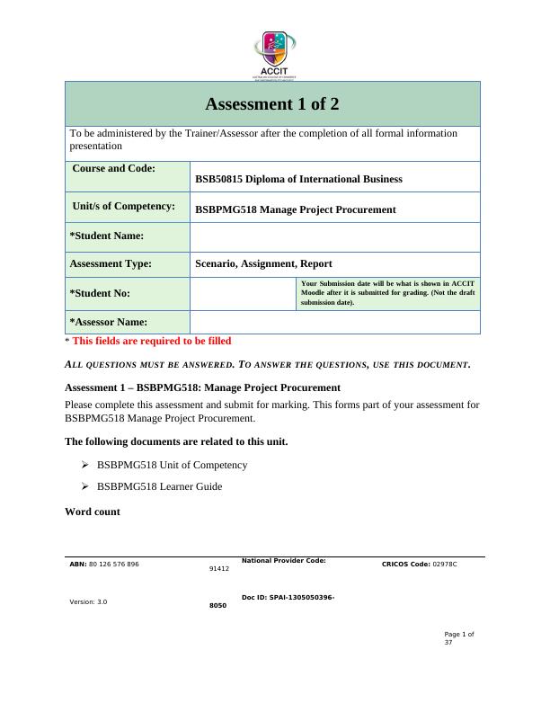 BSBPMG518: Manage Project Procurement Assessment_1