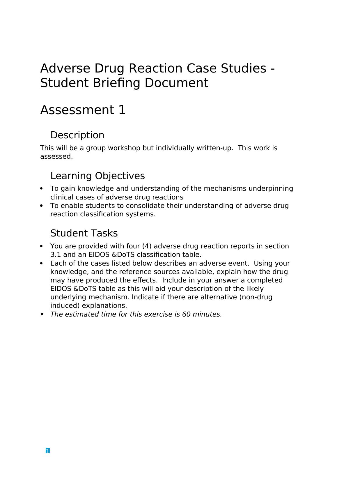 Adverse Drug Reaction Case Studies Student Briefing Document Desklib
