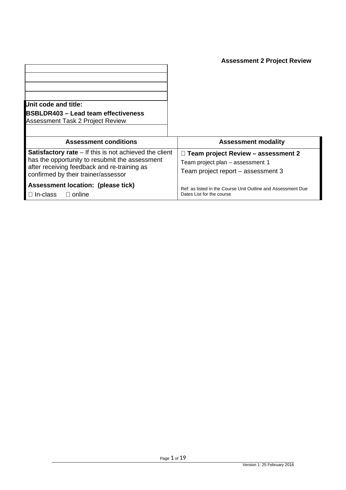 BSBLDR403 Lead Team Effectiveness Assignment