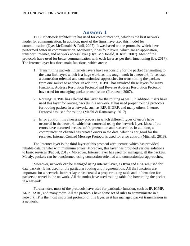 Detailed Analysis of Internetworking with TCP/IP Protocols
