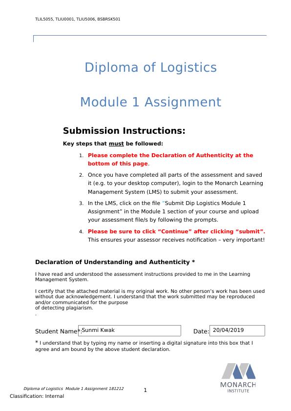Diploma of Logistics - Module 1 Assignment_1